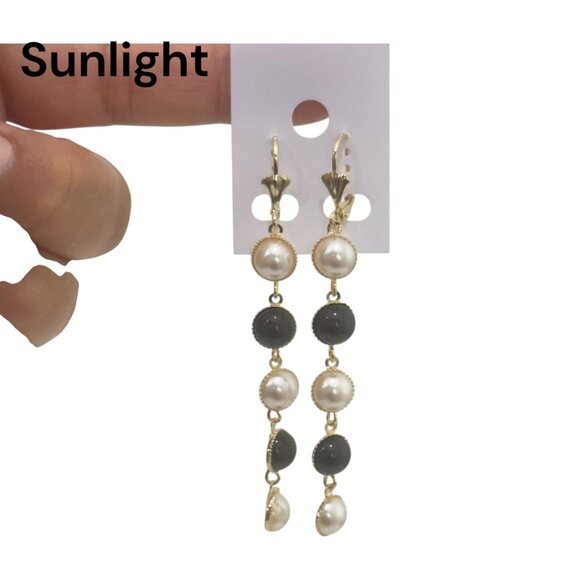 NEW Gold Filled Gold & Pearl Drop Earrings With Black Beads - Picture 1 of 9